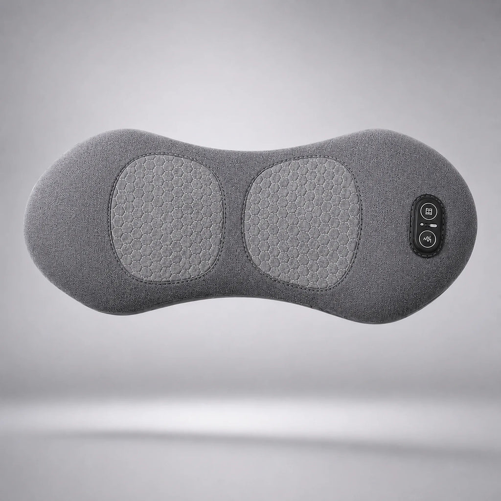 Grey lumbar back massager cushion with two textured massage panels and side controls