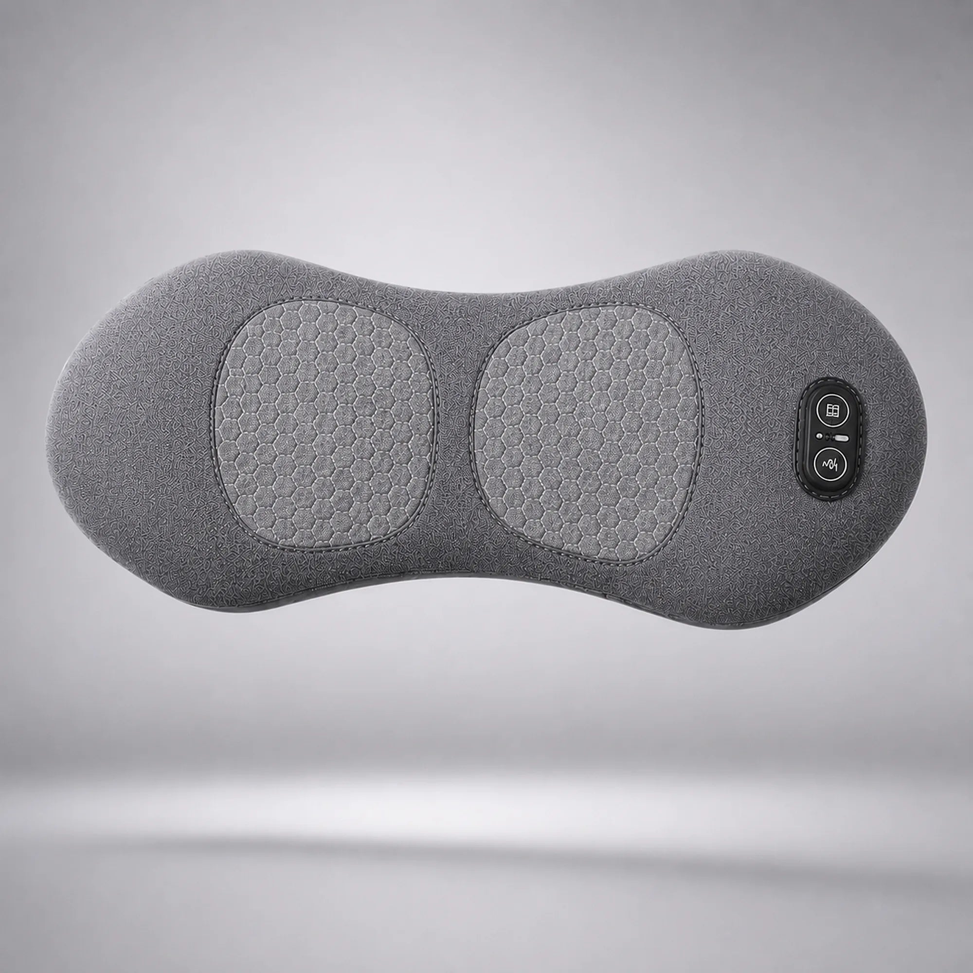 Grey lumbar back massager cushion with two textured massage panels and side controls