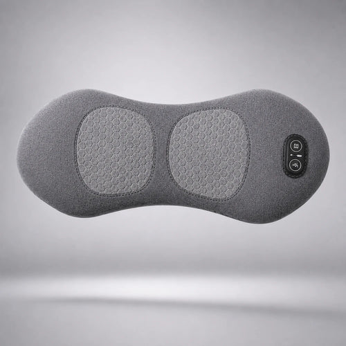 Grey lumbar back massager cushion with two textured massage panels and side controls