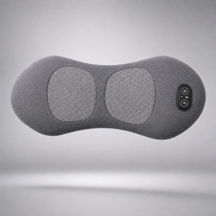 Grey lumbar back massager cushion with two textured massage panels and side controls