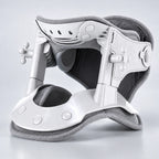 Adjustable neck traction and heat collar, angled view showing the traction dials and support frame