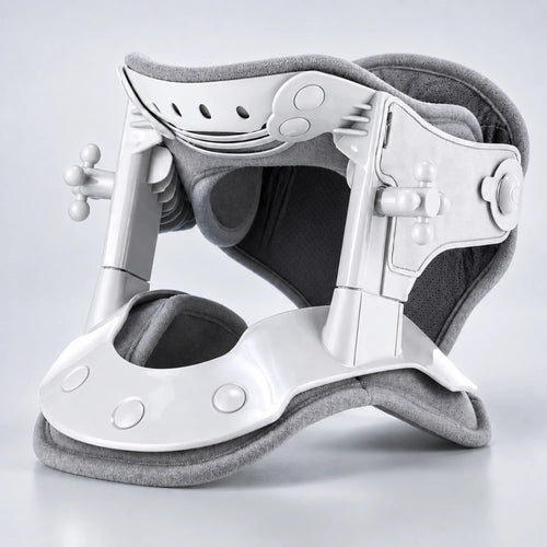 Adjustable neck traction and heat collar, angled view showing the traction dials and support frame