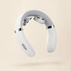 EMS neck massager in white with chrome trim, shown at an angle