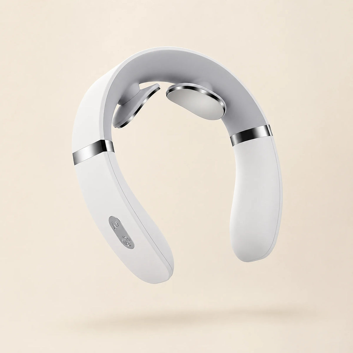 EMS neck massager in white with chrome trim, shown at an angle