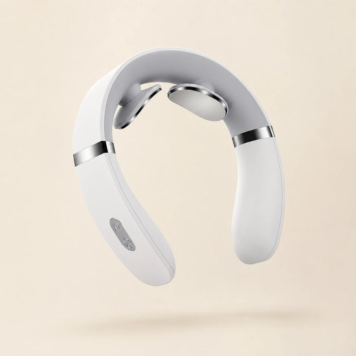 EMS neck massager in white with chrome trim, shown at an angle