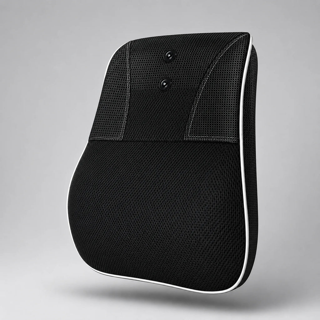 Black shiatsu neck and back massage cushion with mesh cover and white piping