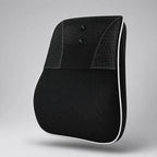 Black shiatsu neck and back massage cushion with mesh cover and white piping