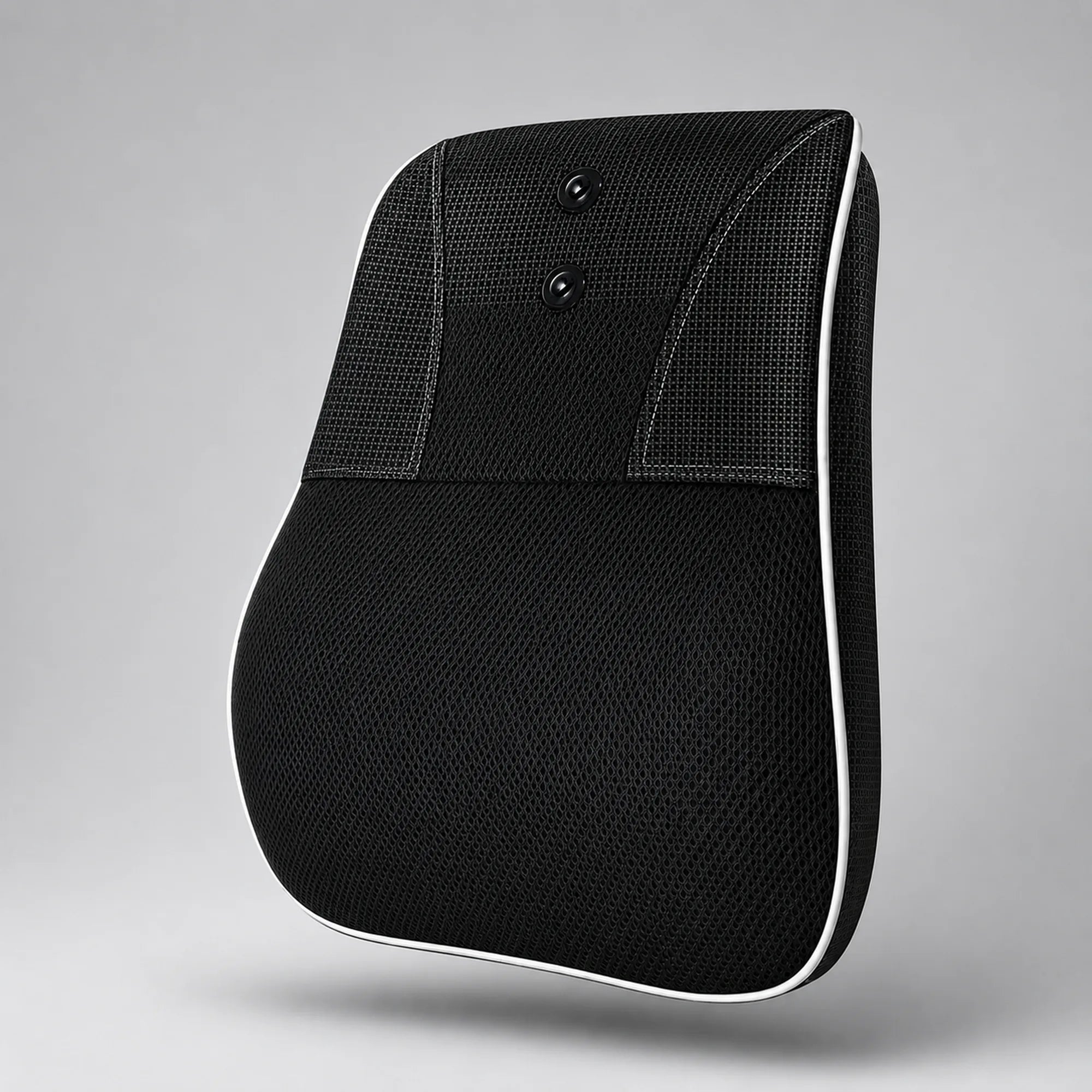 Black shiatsu neck and back massage cushion with mesh cover and white piping
