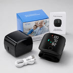 What's included: the wrist blood pressure monitor, charging case, USB cable, box, and instruction manual