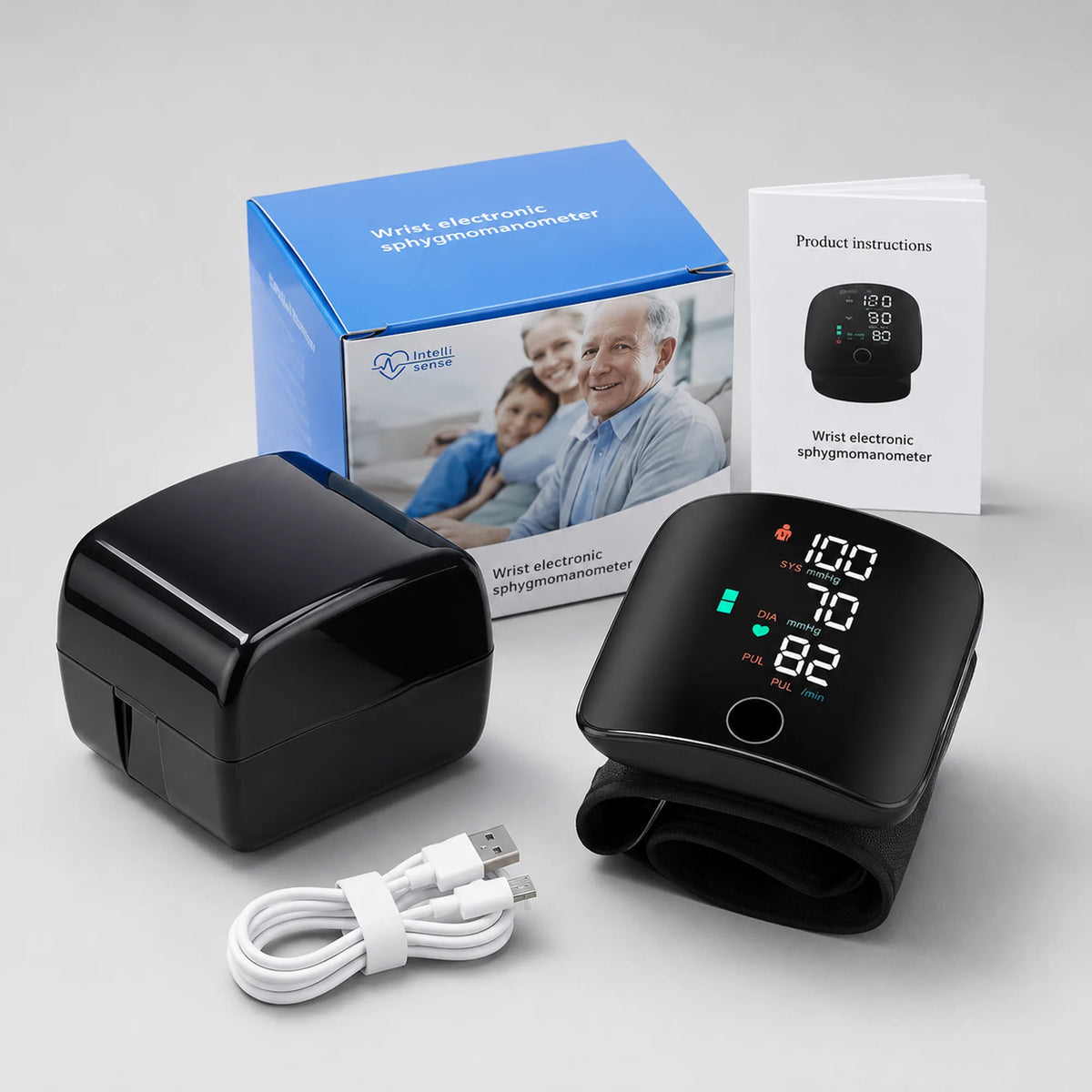 What's included: the wrist blood pressure monitor, charging case, USB cable, box, and instruction manual