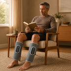 Two-piece Smart Leg Massager retail box with both calf wraps, two USB-C cables, and instruction manual