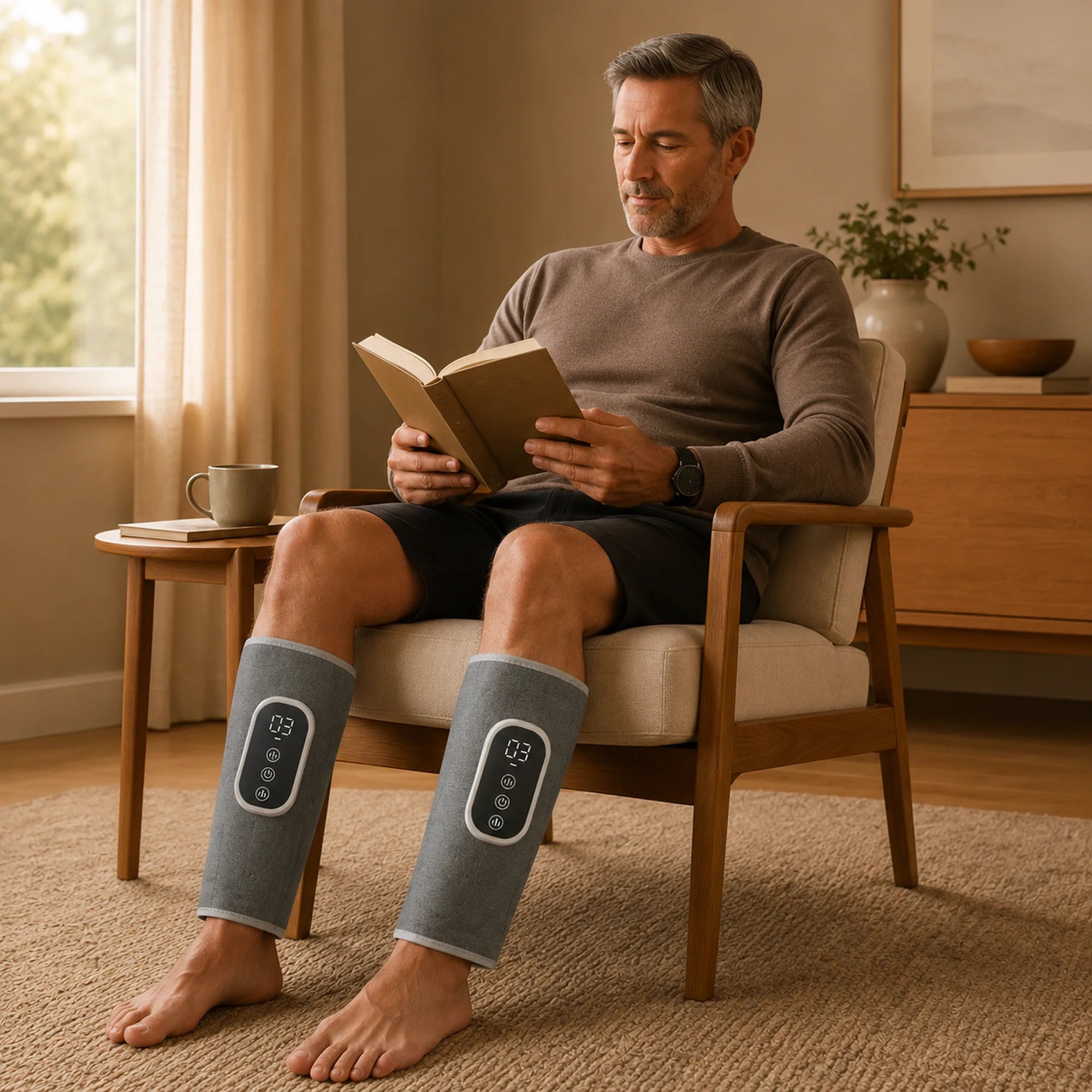 Two-piece Smart Leg Massager retail box with both calf wraps, two USB-C cables, and instruction manual