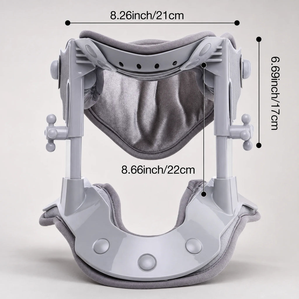 Cervical traction collar measuring 8.26 inches wide, 6.69 inches tall, and 8.66 inches front to back