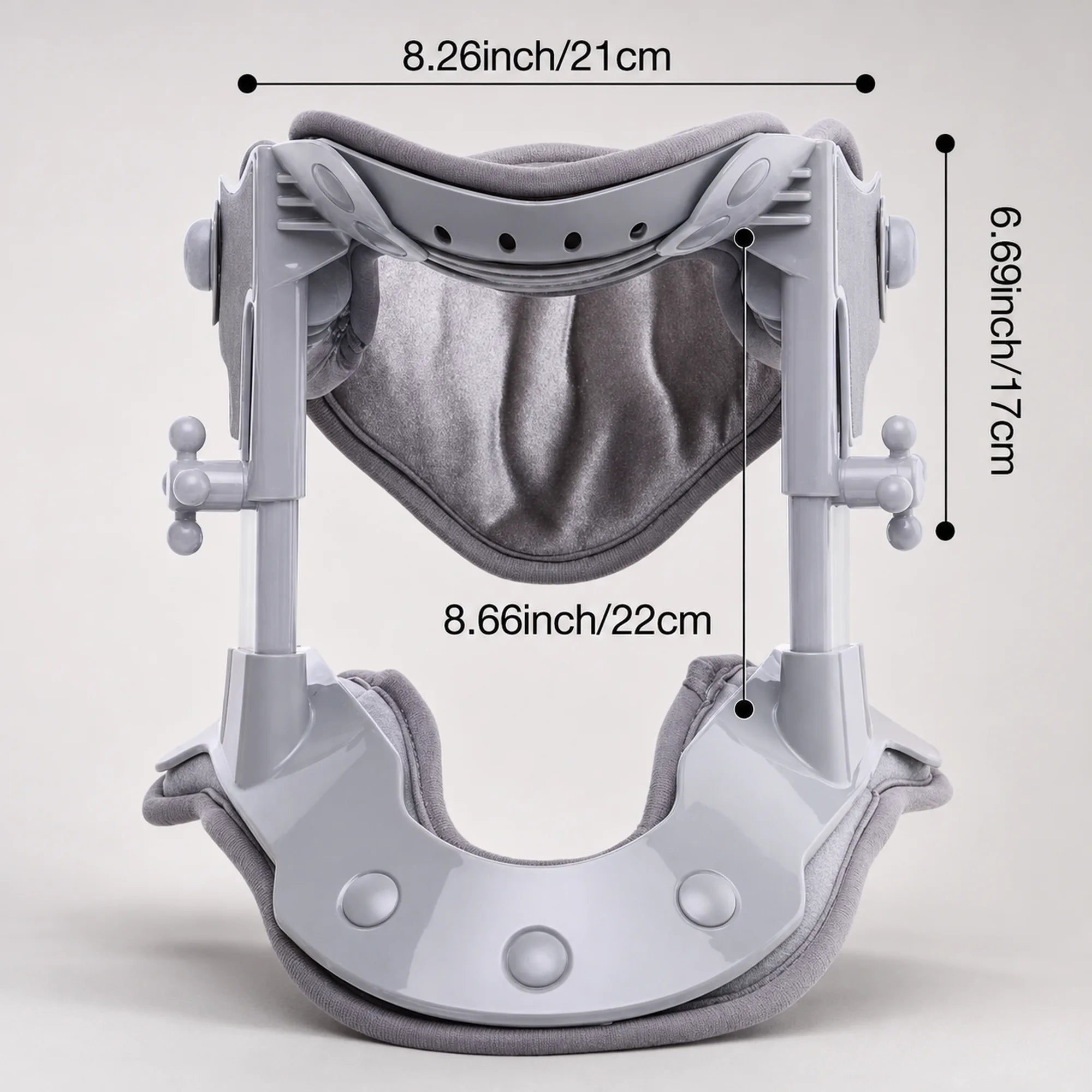 Cervical traction collar measuring 8.26 inches wide, 6.69 inches tall, and 8.66 inches front to back