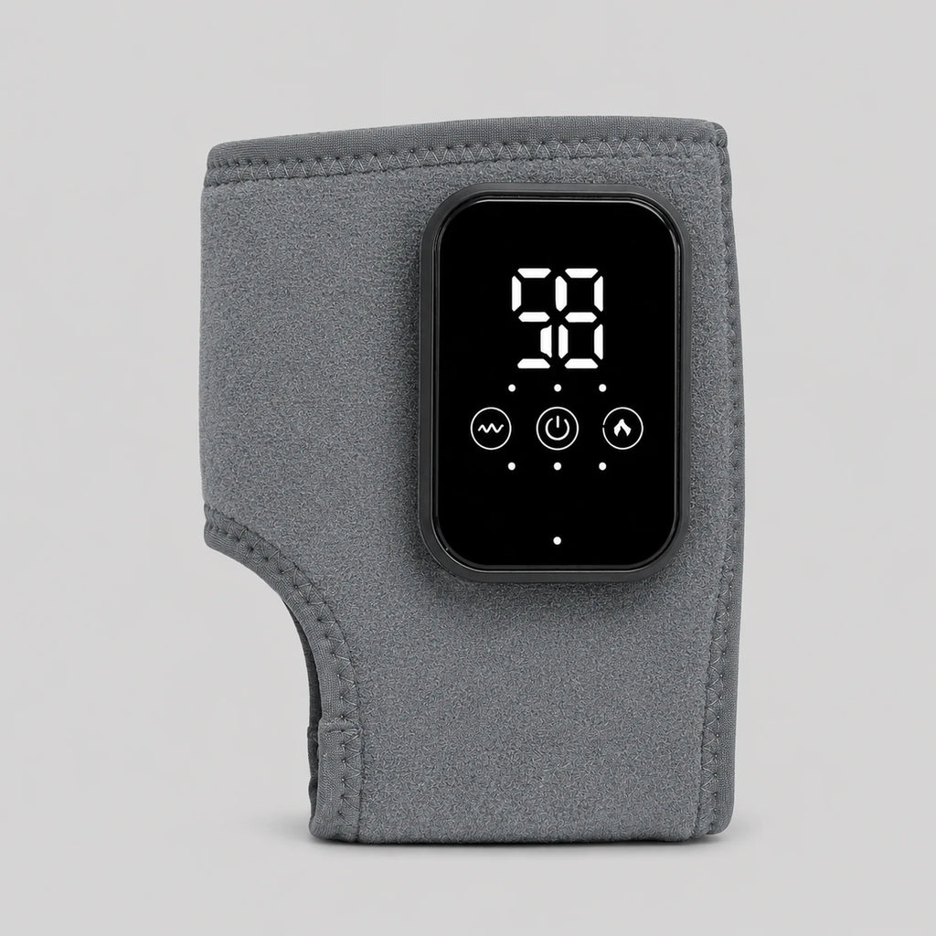 Heated foot massager wrap in grey with digital display and touch controls