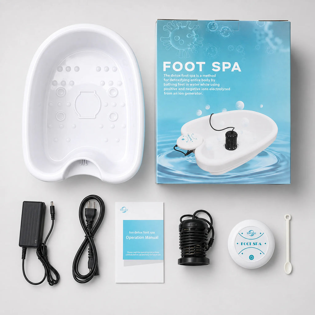 What's included: the foot spa basin, box, power adapter, ion generator array, remote control, and instruction manual
