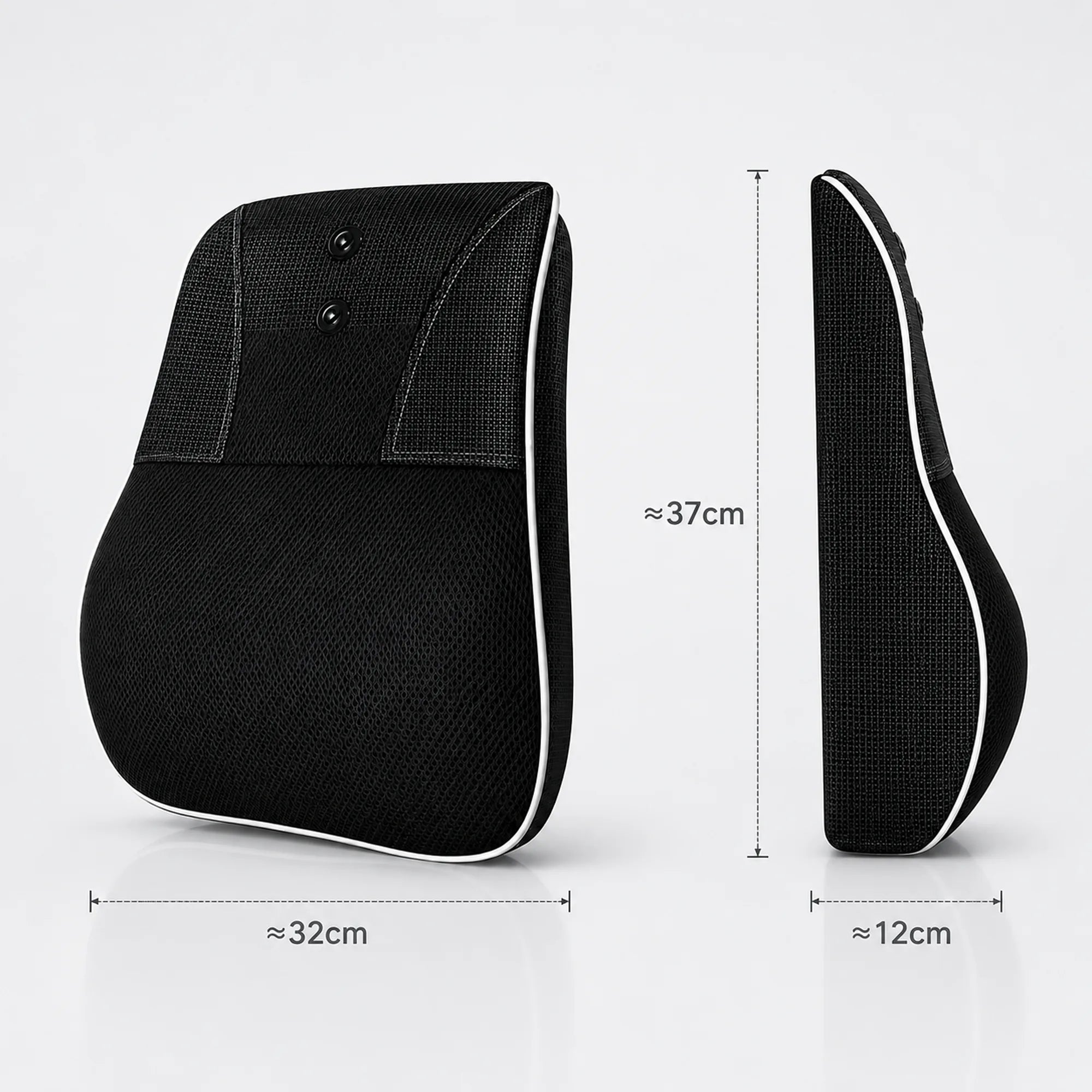Cushion measuring 32cm wide, 37cm tall and 12cm deep, shown front and side