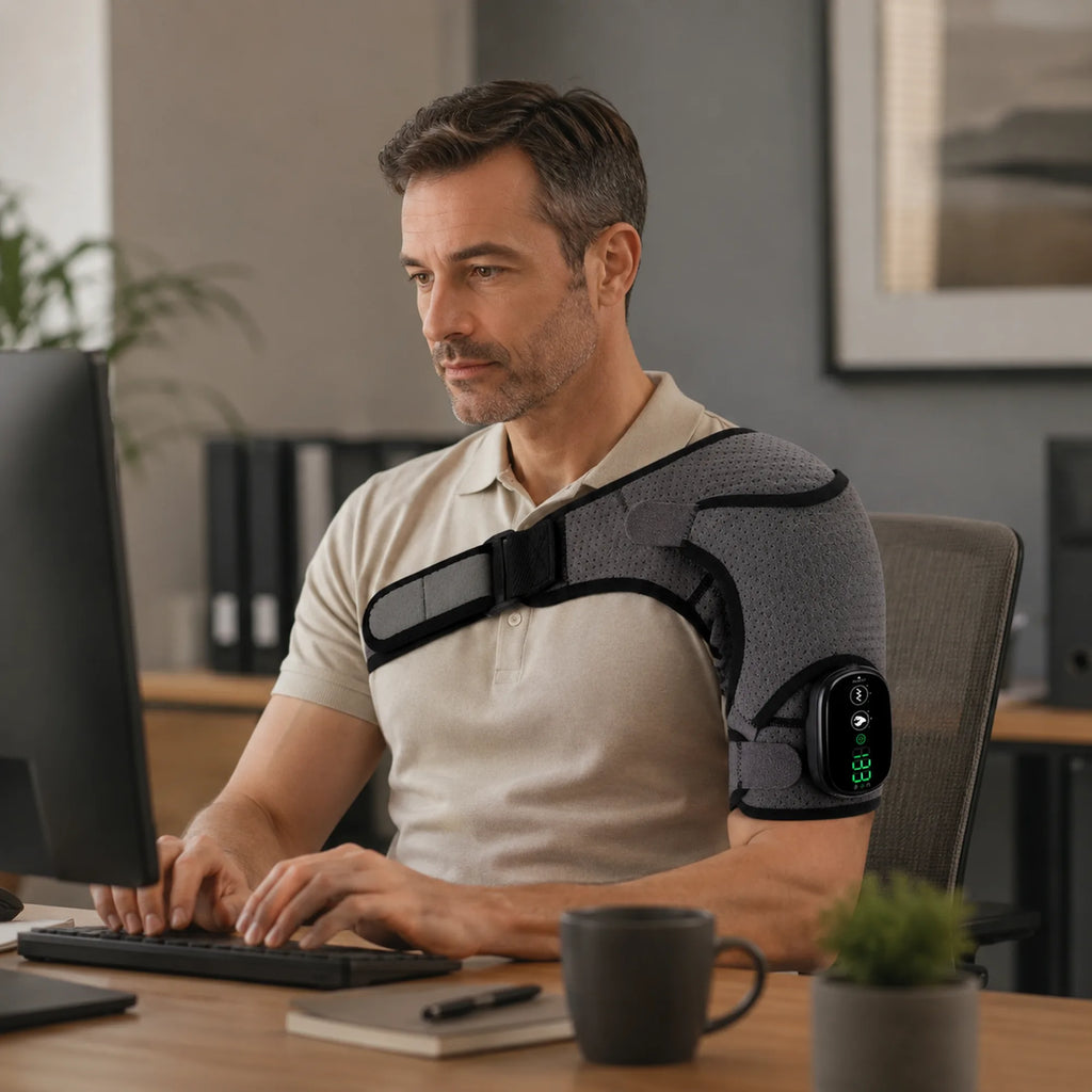Man working at a desk wearing the heated vibration shoulder brace
