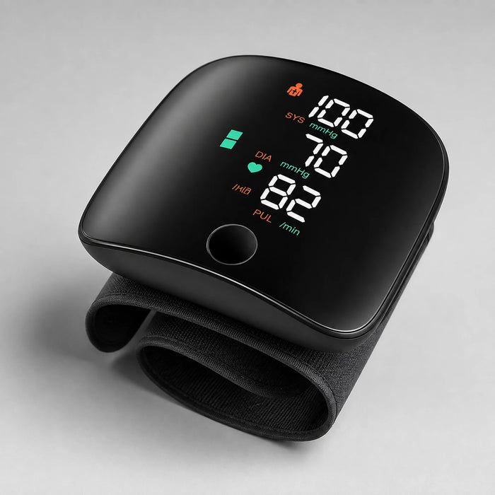 Wrist blood pressure monitor, angled view, showing the display and wrist strap