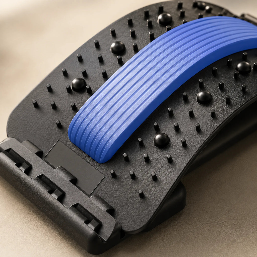 Close view of the ribbed blue arch and raised acupressure nodes on the back stretcher