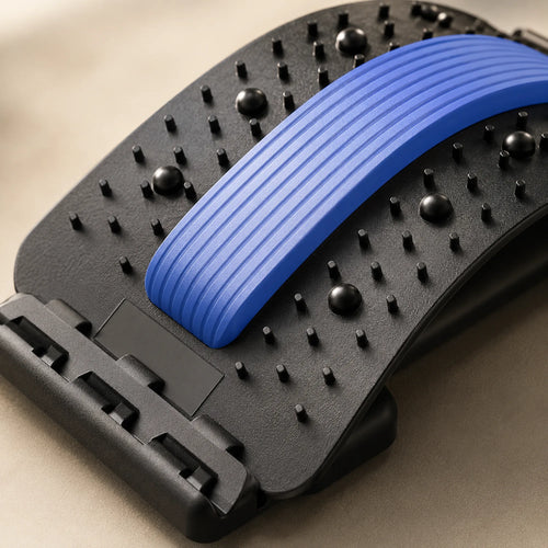 Close view of the ribbed blue arch and raised acupressure nodes on the back stretcher