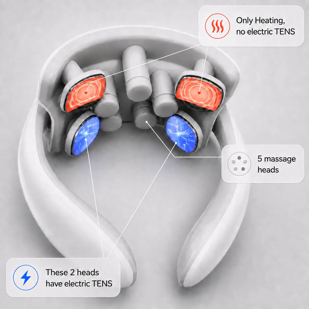 Labelled view showing two heating-only heads, two TENS heads and five massage heads