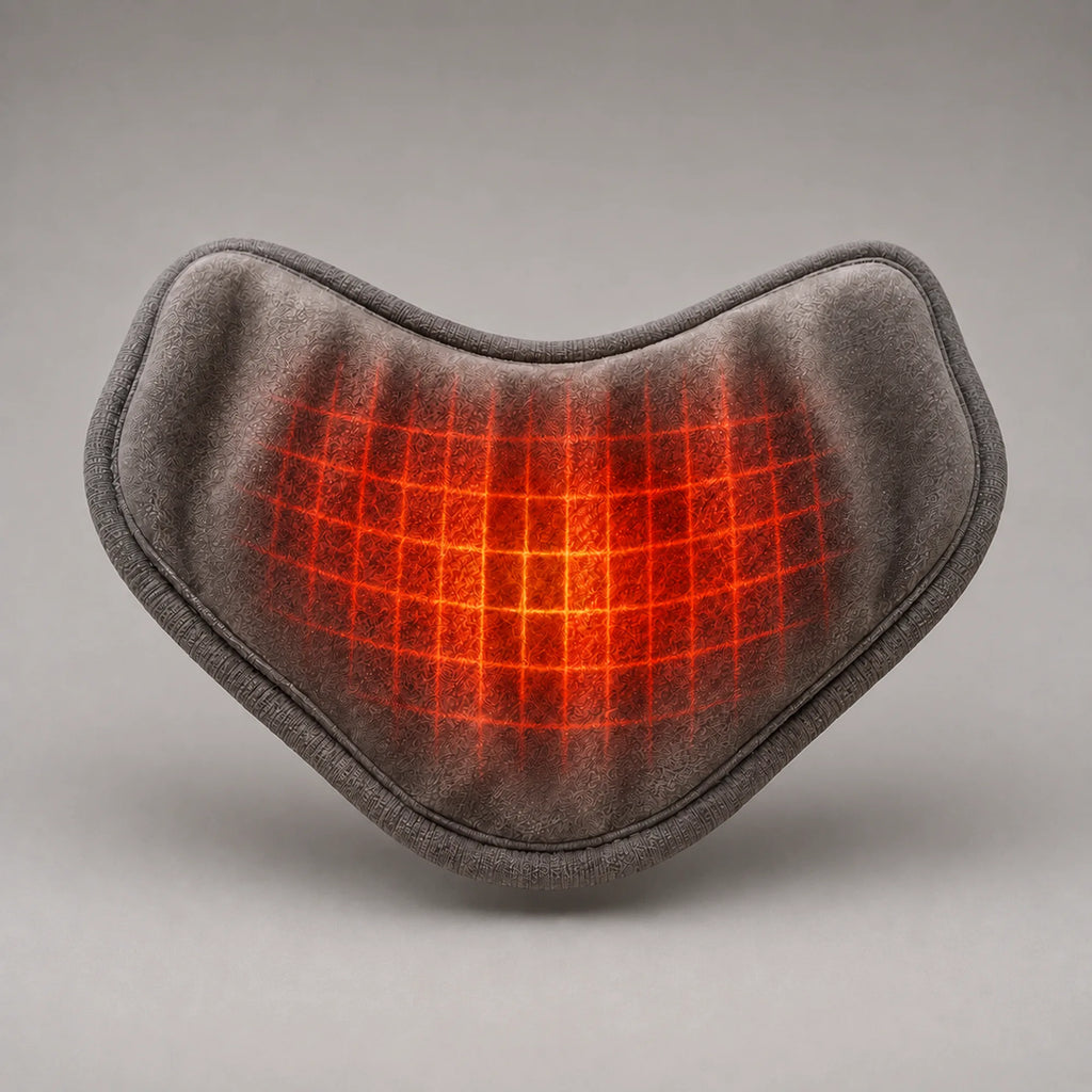 Carbon fiber heating pad glowing warm across the neck-contoured surface