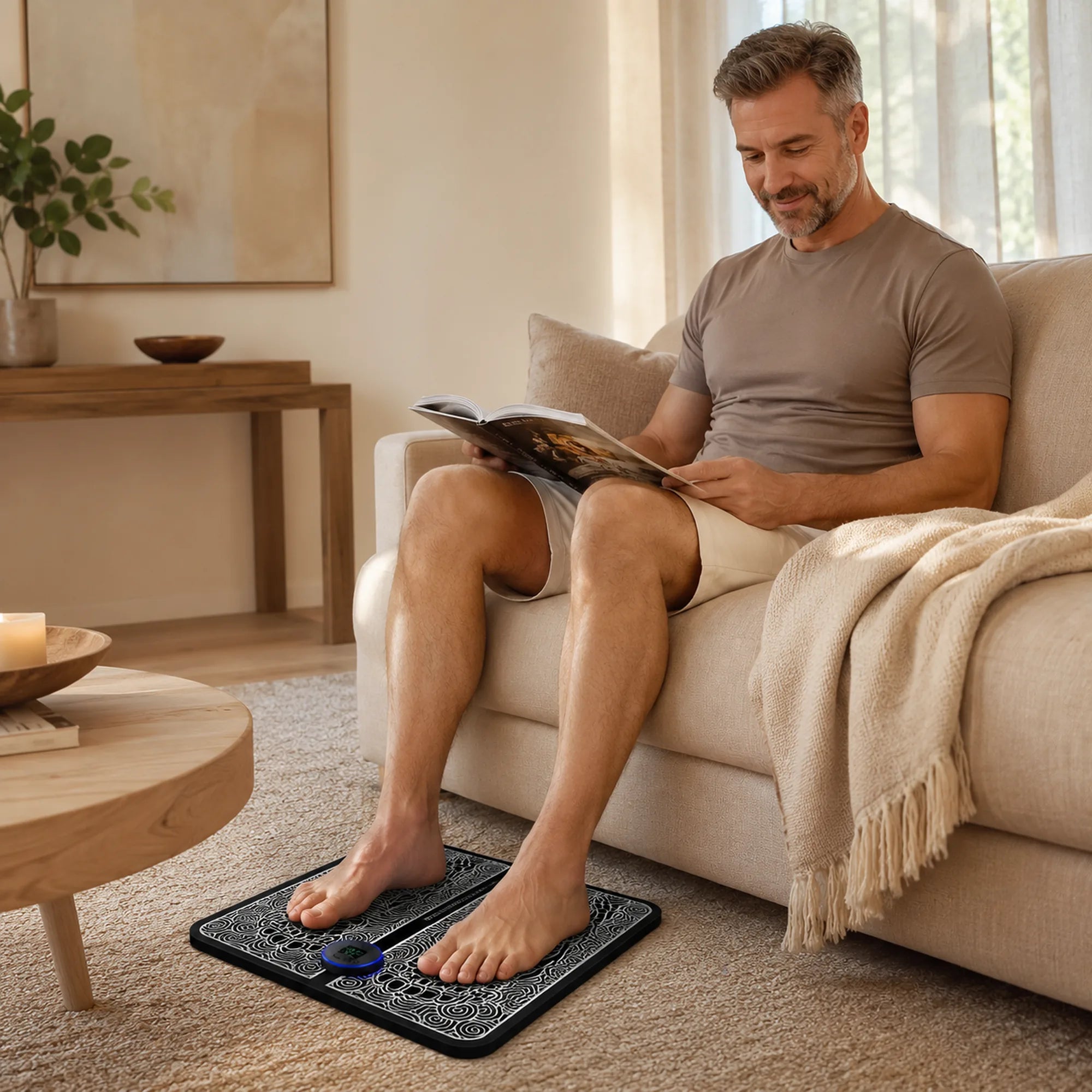 Man sitting on a sofa reading with both feet resting on the EMS foot massager pad