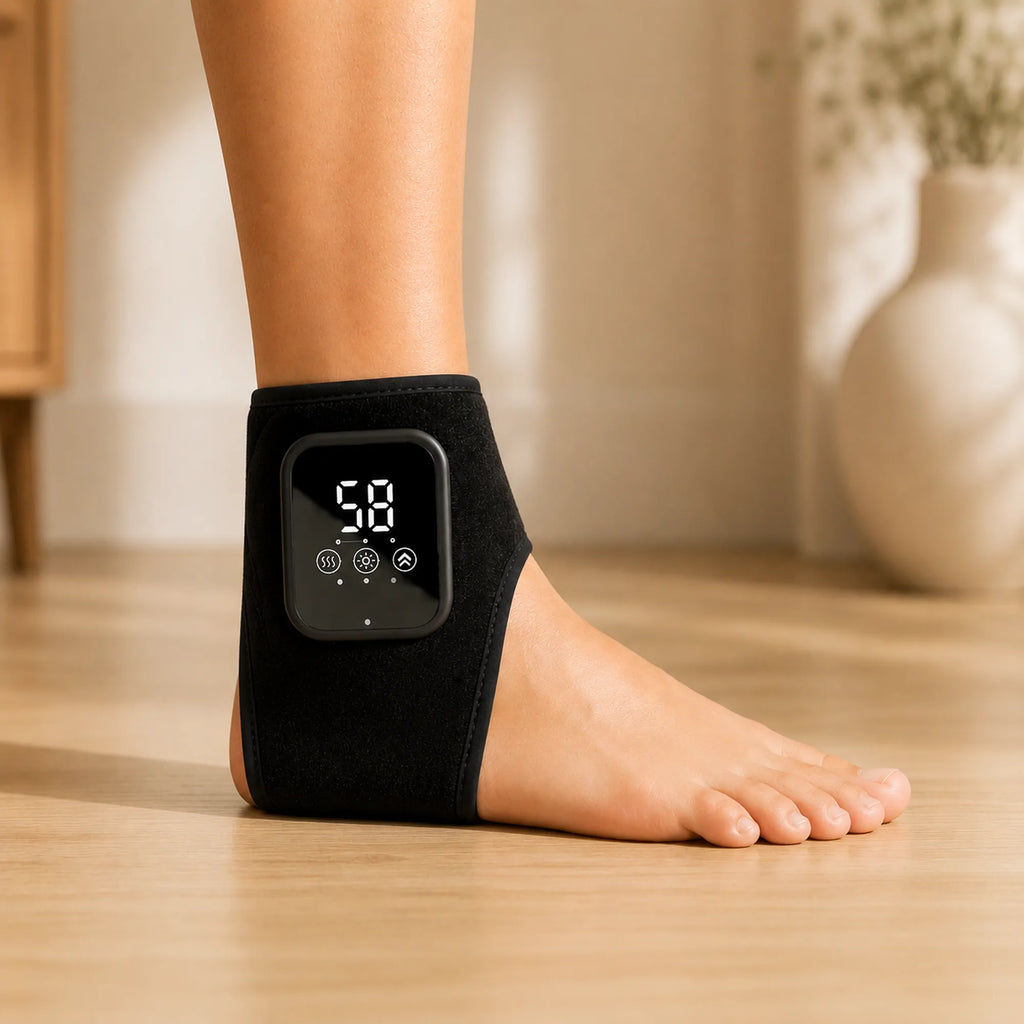 Heated foot massager worn and fastened, shown from the side while standing