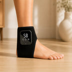 Heated foot massager worn and fastened, shown from the side while standing