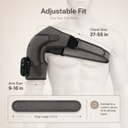 Fit guide showing the brace suits a 27 to 55 inch chest and 9 to 16 inch arm