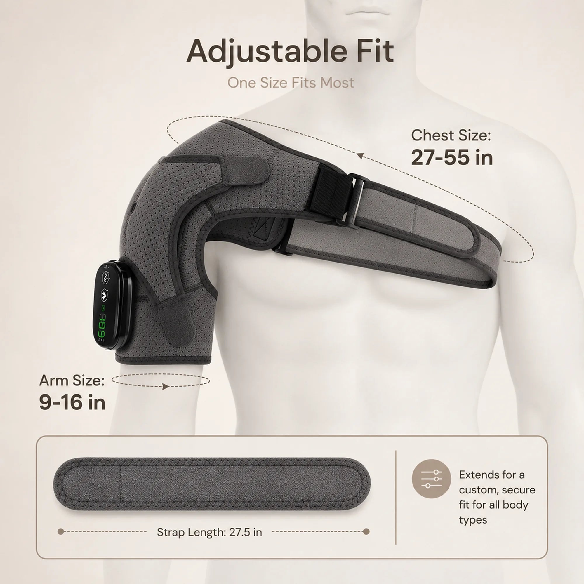 Fit guide showing the brace suits a 27 to 55 inch chest and 9 to 16 inch arm