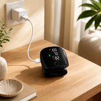 Wrist blood pressure monitor charging on a nightstand