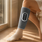 Close-up of the calf massager's control panel worn on a leg, showing the illuminated display
