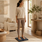 Woman standing barefoot on the EMS foot massager pad in a sunlit living room