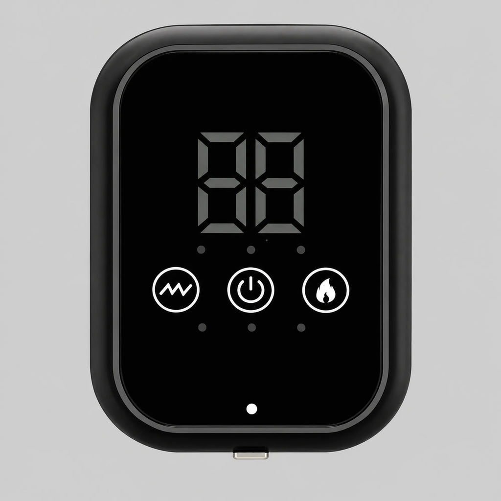 Control panel with vibration, power and heat buttons above the digital display