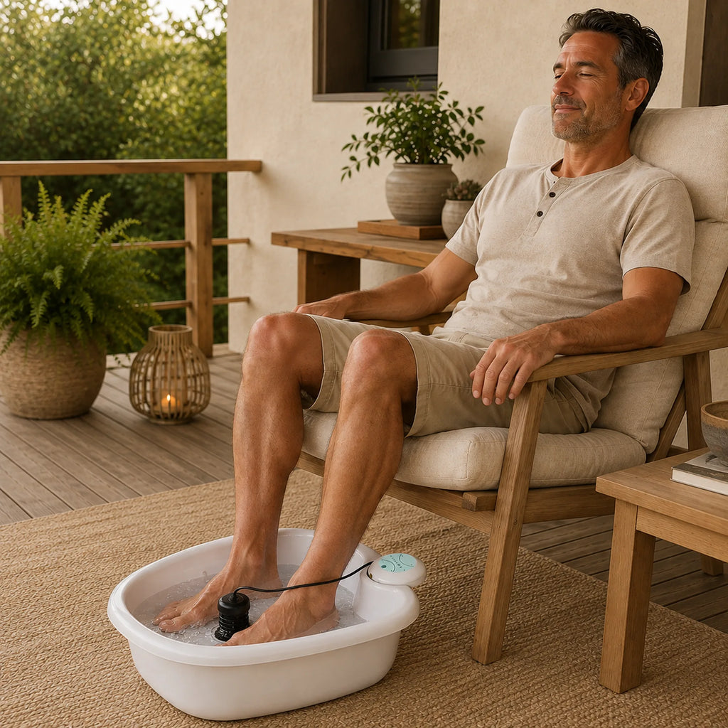 Man relaxing outdoors on a porch with his feet soaking in the ionic foot spa
