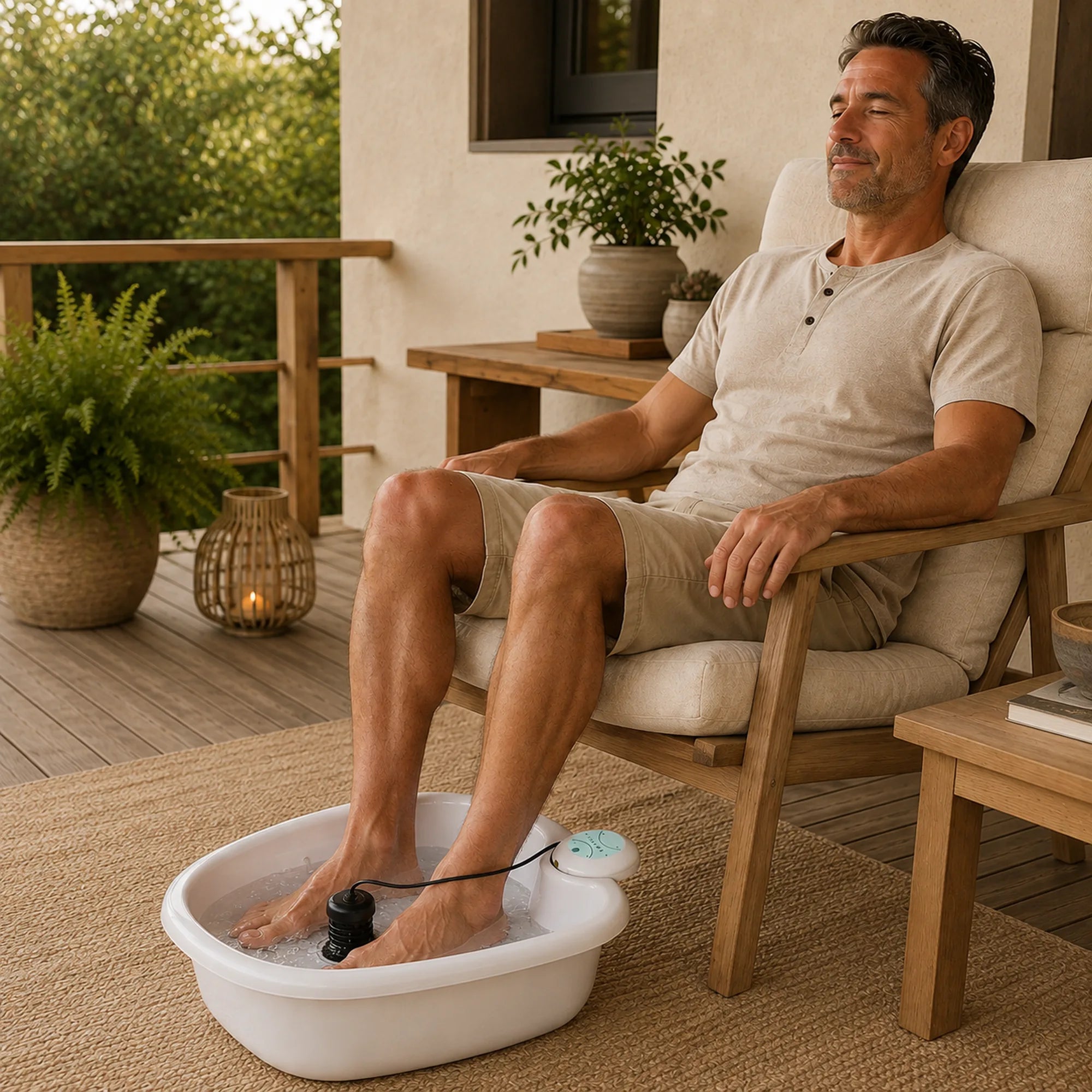 Man relaxing outdoors on a porch with his feet soaking in the ionic foot spa