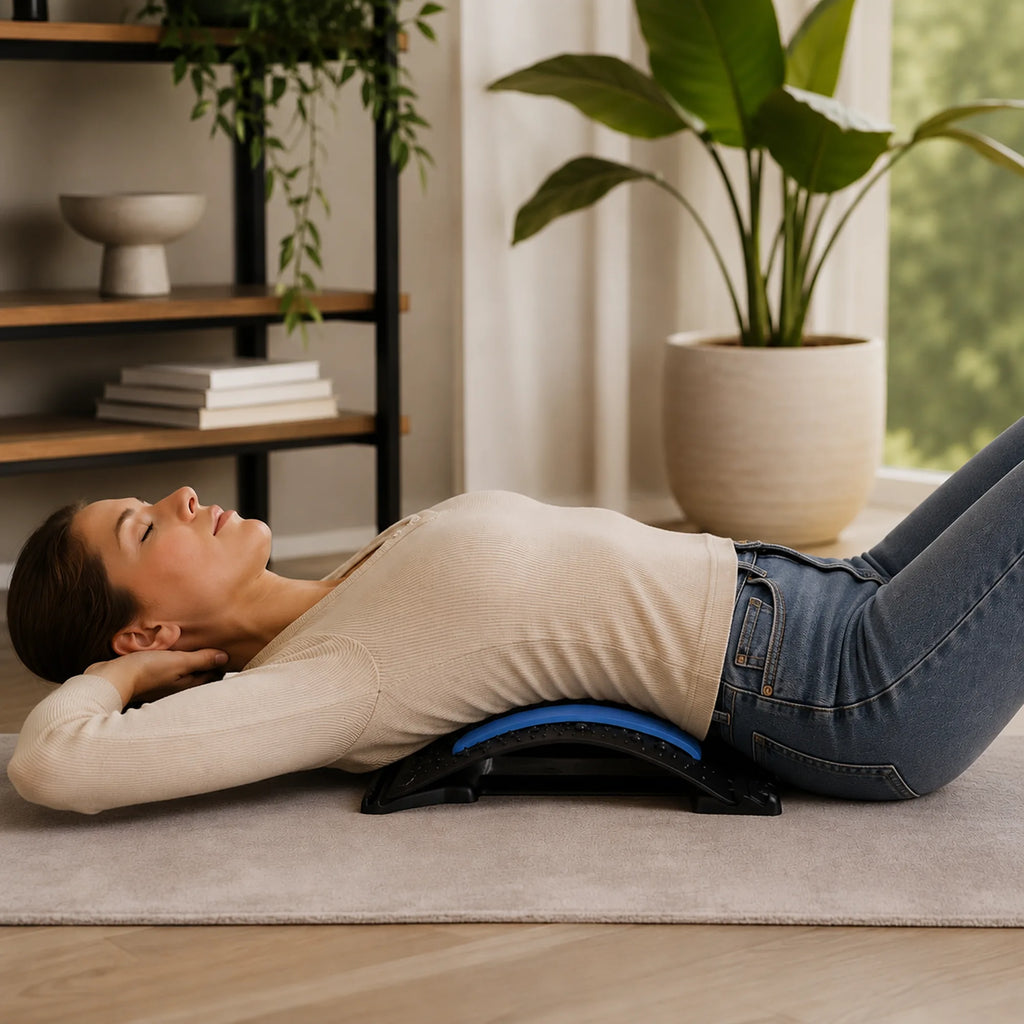 Woman using the back stretcher on the floor at home with hands behind her head
