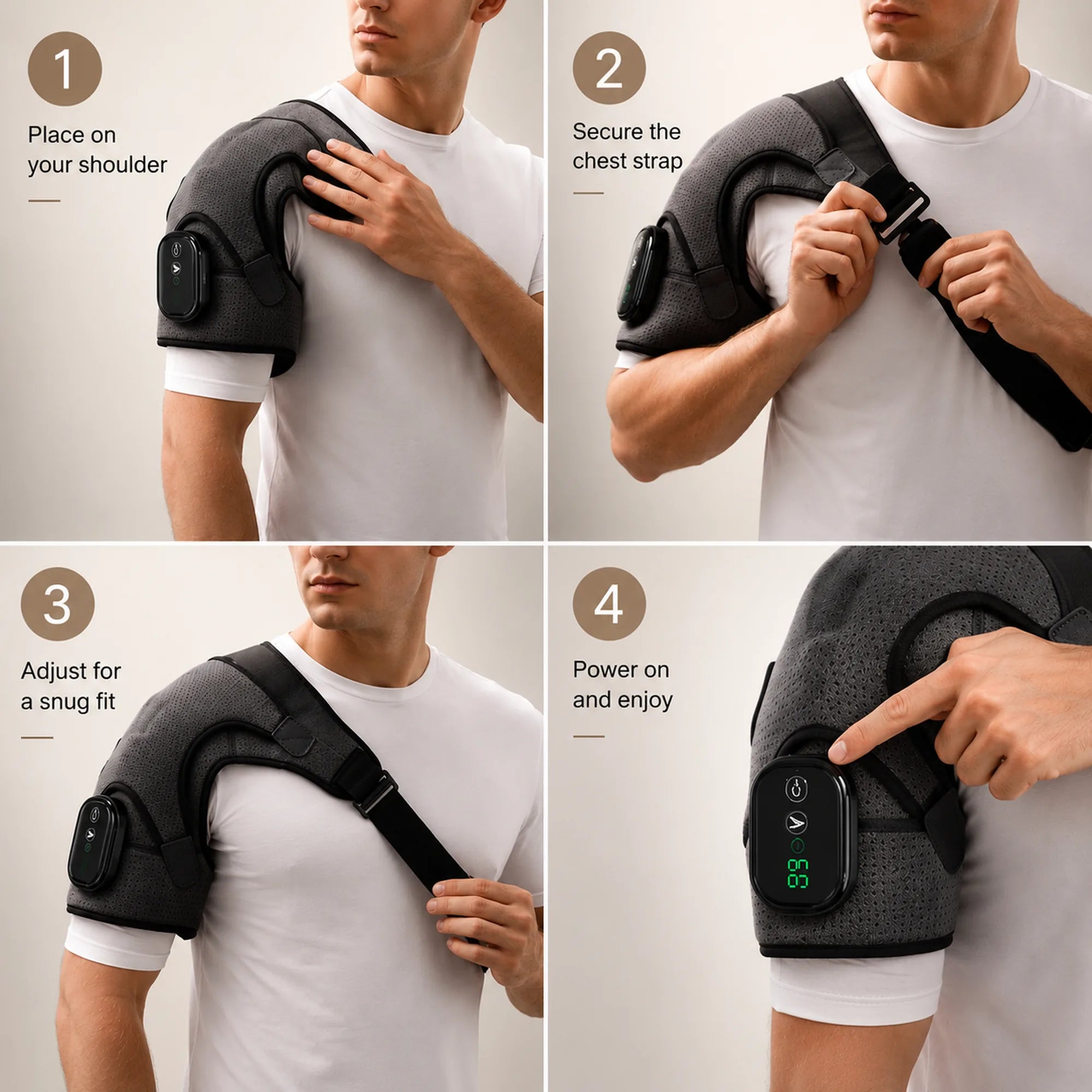 Four-step guide to placing the brace, securing the chest strap, adjusting and powering on