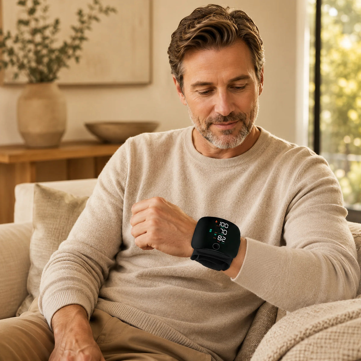 Man checking his blood pressure reading on his wrist while seated on the couch