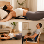 Three ways to use the back stretcher: lying flat, resting the upper back, and seated in a chair