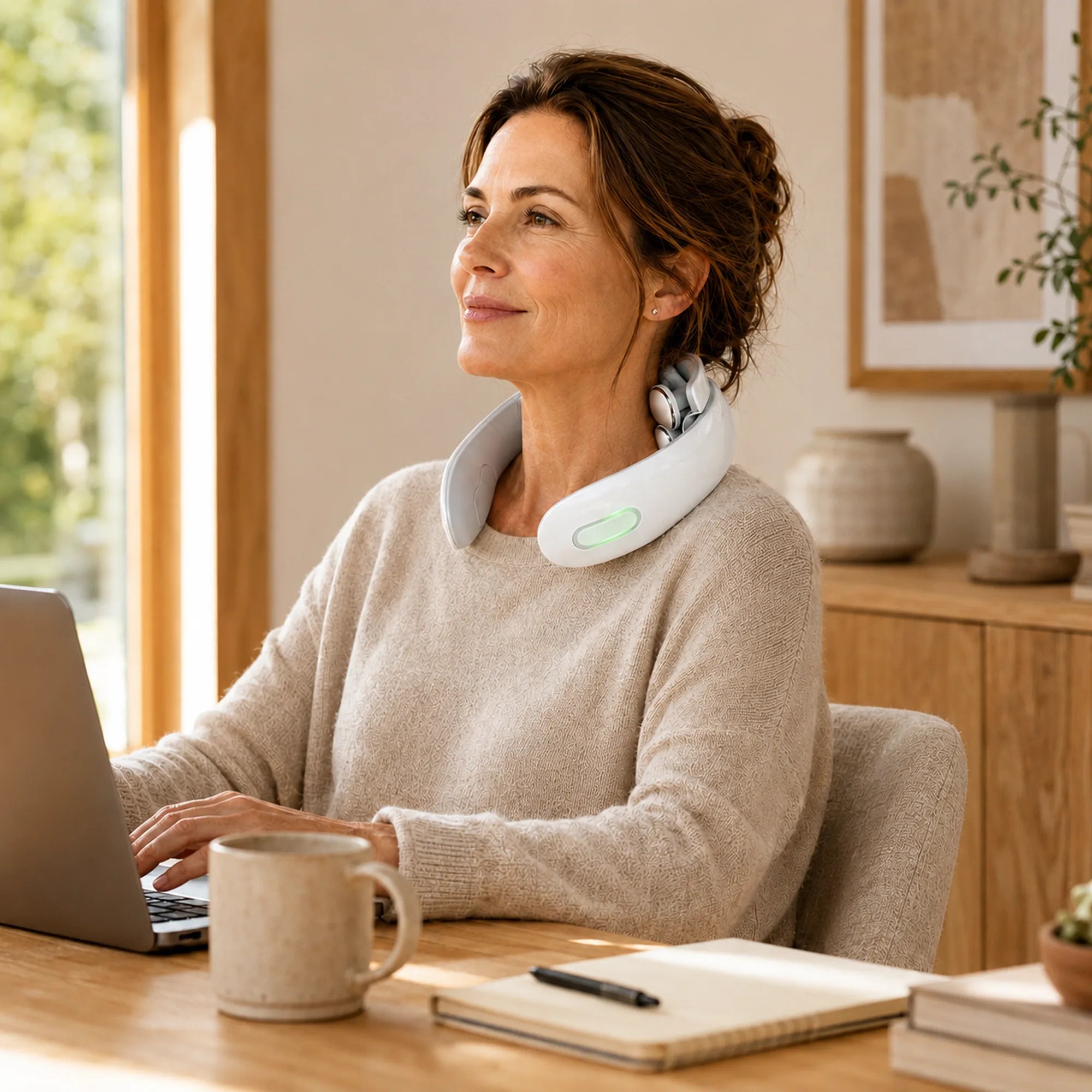 Woman working at a laptop wearing the cervical neck massager