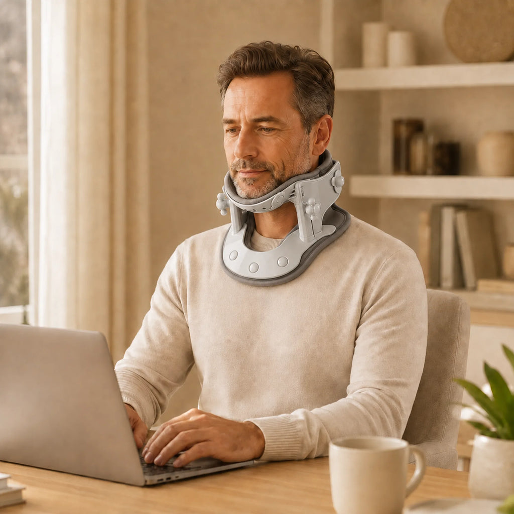 Man working at a laptop wearing the neck traction and heat collar