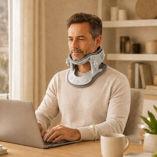 Man working at a laptop wearing the neck traction and heat collar