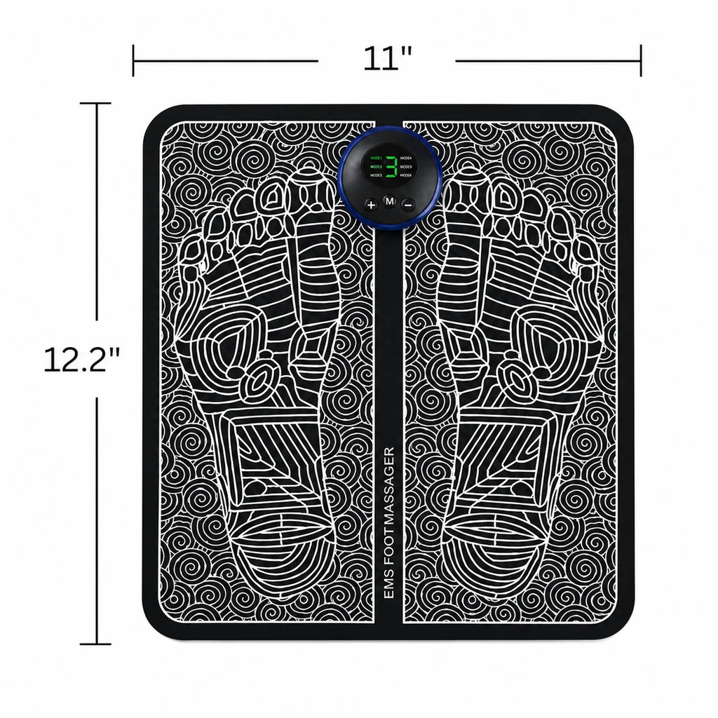 EMS foot massager pad measuring 11 inches wide by 12.2 inches long