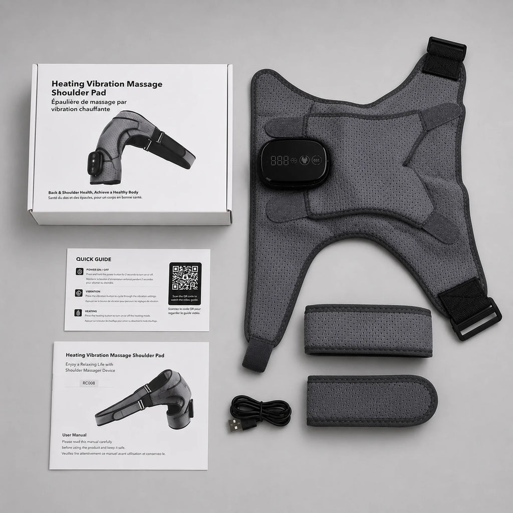 Box contents: shoulder brace, two padded strap covers, USB cable, quick guide and manual
