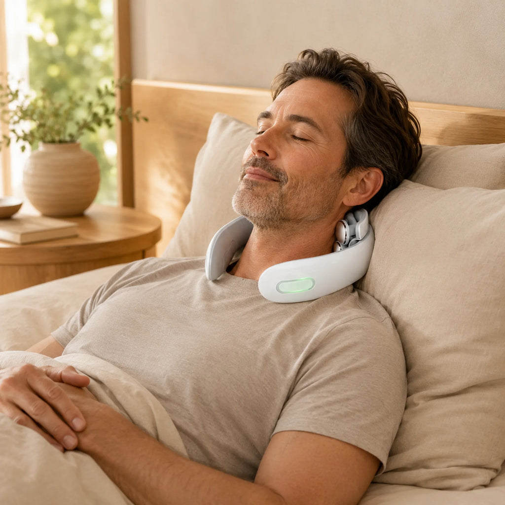 Man resting against pillows in bed wearing the cervical neck massager