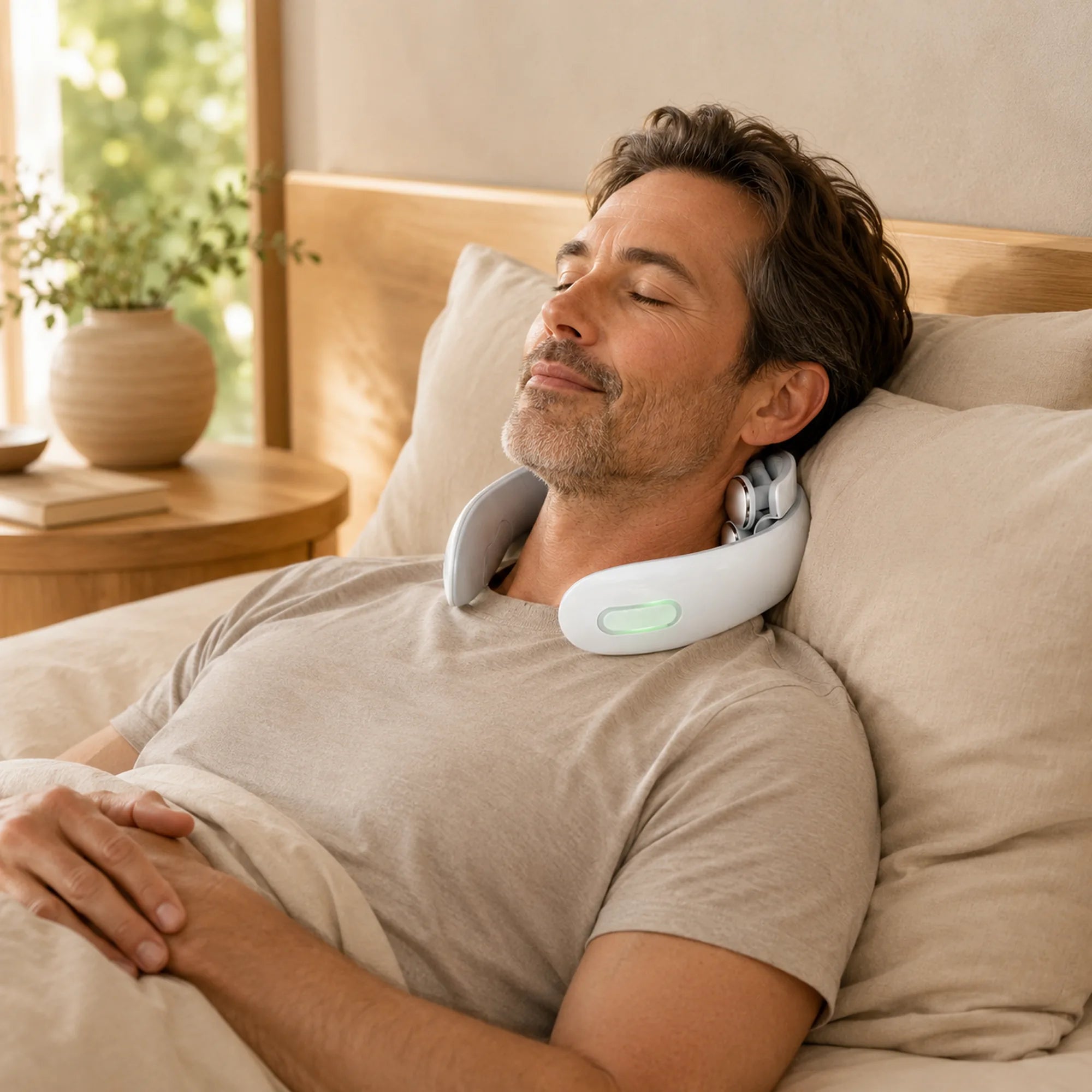 Man resting against pillows in bed wearing the cervical neck massager