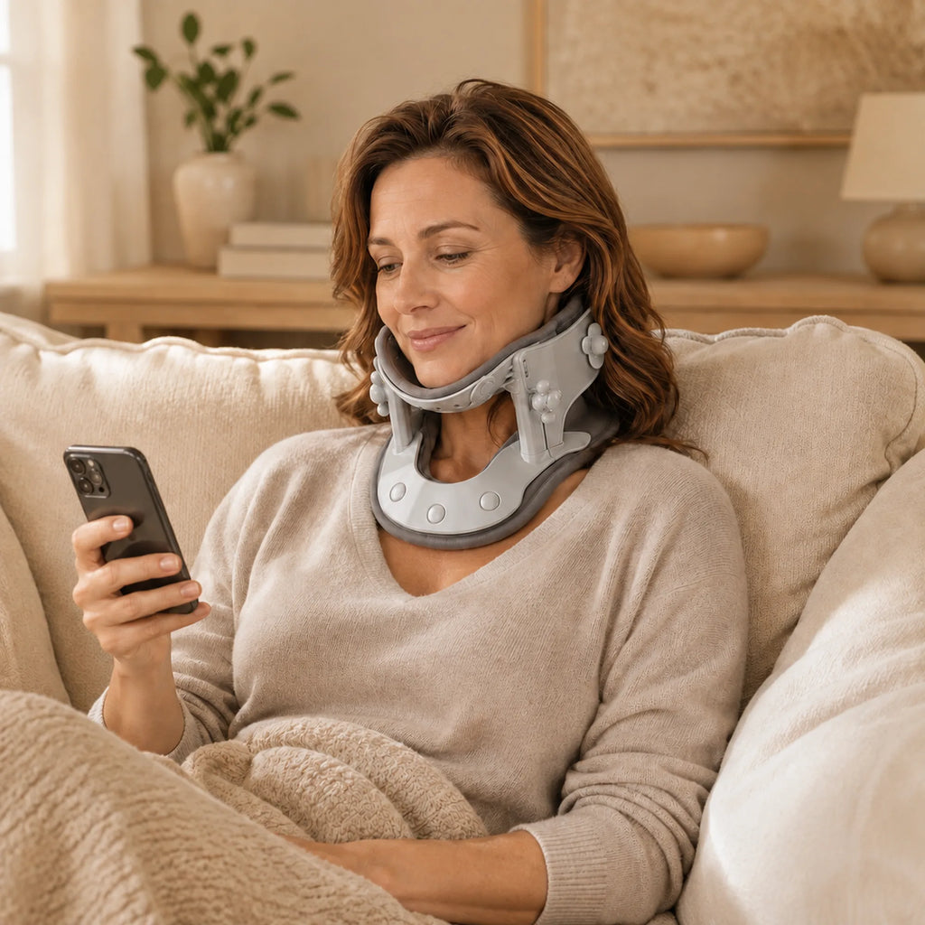 Woman relaxing on the couch with her phone wearing the neck traction and heat collar